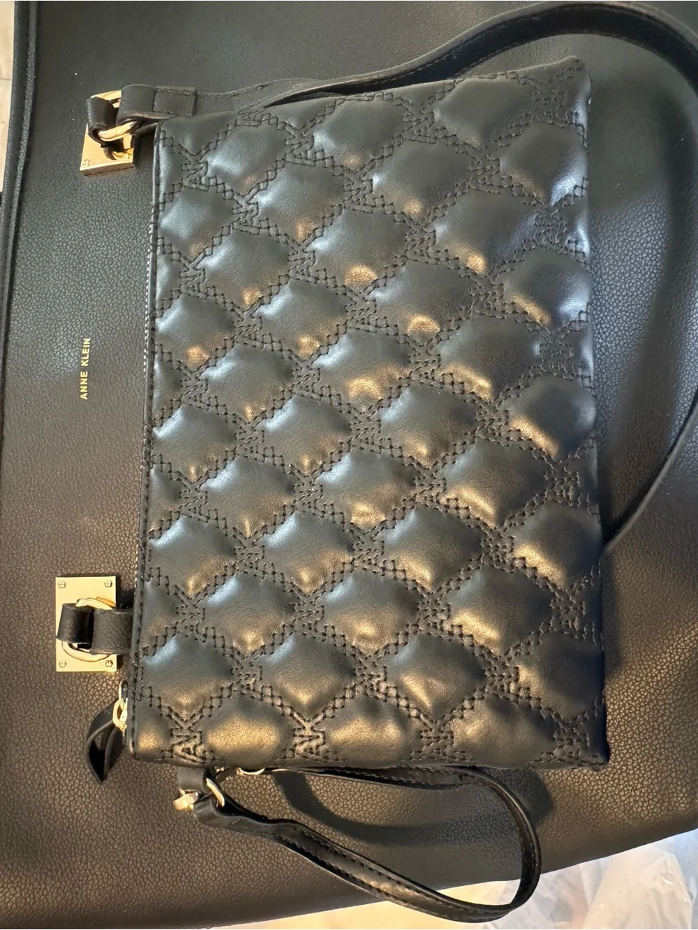 Anne Klein Black Faux Leather Tote Bag 2 pc Set Work Shoulder Bag Purse Chic